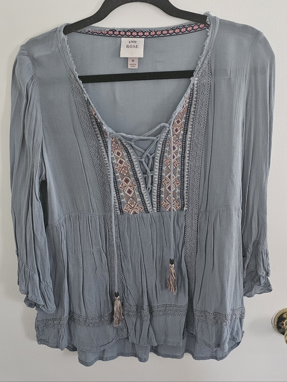 Knox Rose Light Blue Embroidered Lace-Up Peasant Tunic